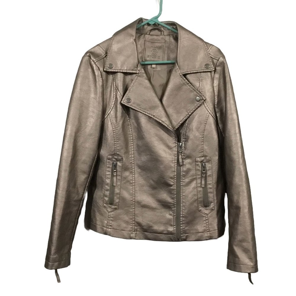 Max Studio Trending Metallic Faux Leather Lined Moto Biker Jacket Women's Large